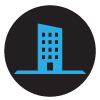 Single cyan building on a dark circular background