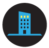 Cyan building with one floor highlighted in yellow on a dark circular background