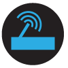 Cyan gateway with wireless signal arcs on a dark circular background
