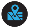 Cyan map and location marker on a dark circular background