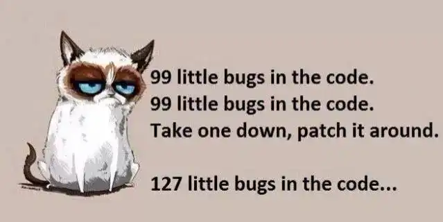 Grumpy Cat beside the words: 99 little bugs in the code. 99 little bugs in the code. Take one down, patch it around. 127 little bugs in the code...